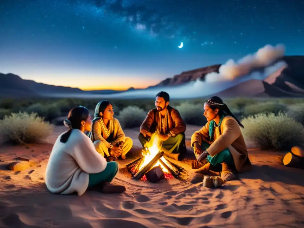 Una escena mágica de tradición narrativa de tribus nómadas bajo las estrellas en el desierto