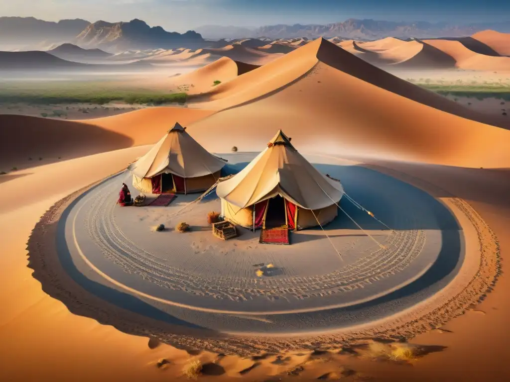 Escena mágica de tribu nómada en desierto con tiendas, camellos y actividades bajo cielo estrellado