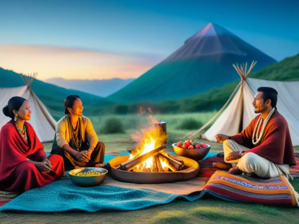 Escena mágica de tribu nómada compartiendo dieta tradicional bajo las estrellas