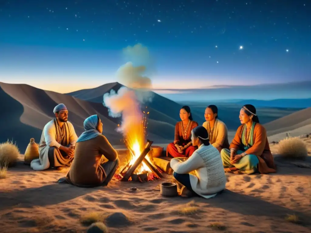 Una escena mágica de tradición oral tribus nómadas alrededor de fogata en la estepa bajo un cielo estrellado