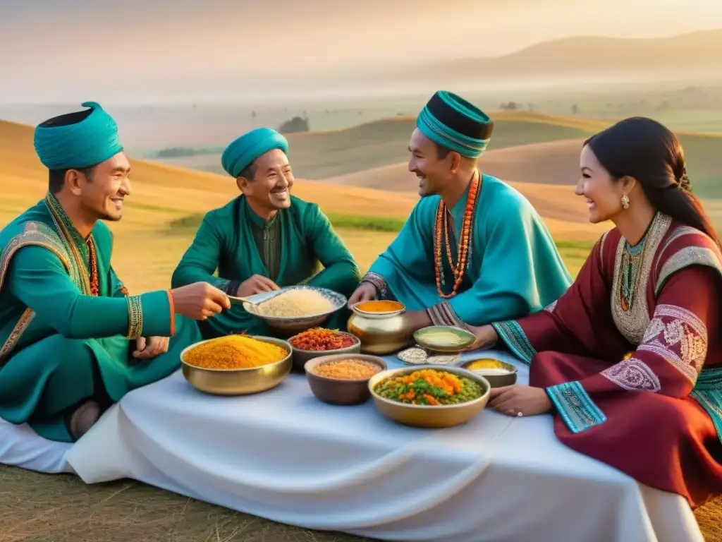 Una escena mágica de tribus nómadas disfrutando de sabores gastronomía en la estepa de Uzbekistán