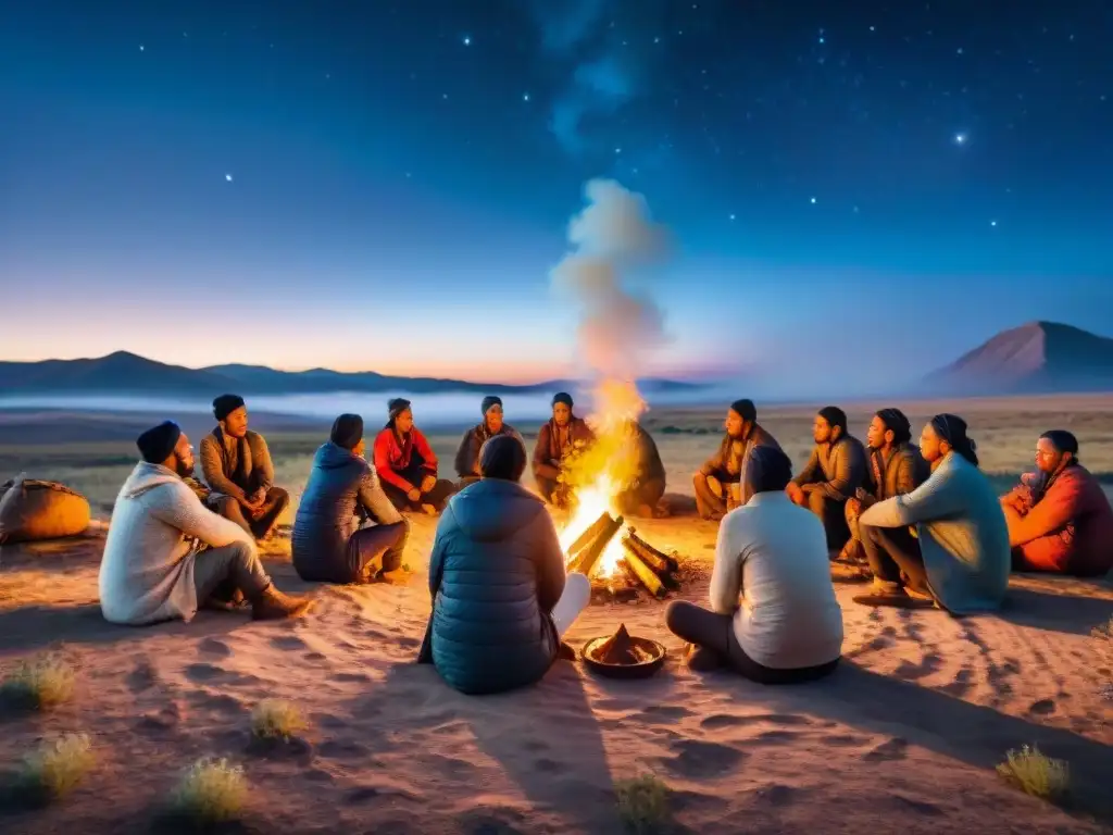 Una escena mágica de poesía y unión entre tribus nómadas alrededor de la hoguera, bajo un cielo estrellado