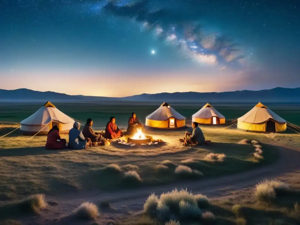 Una escena mágica de tribus nómadas reunidas alrededor de una fogata en las estepas, bajo un cielo estrellado