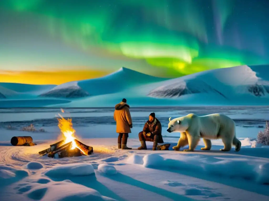 Una escena mágica en la tundra ártica: nomadas alrededor de fogata escuchan al anciano contar la importancia del oso polar en sus mitos