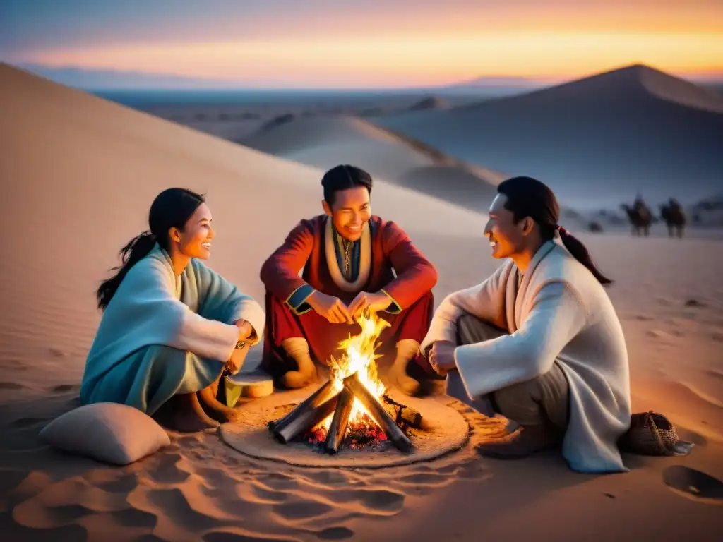 Una escena mágica de la vida nómada en el desierto al anochecer, con una organización de comidas nómadas alrededor de una hoguera