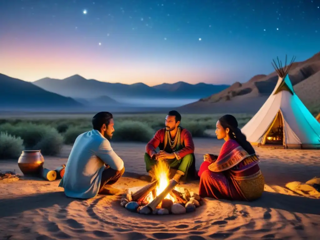 Una escena mística de sociedades nómadas multiculturales reunidas alrededor de una fogata en el desierto, mostrando gobernanza y diversidad