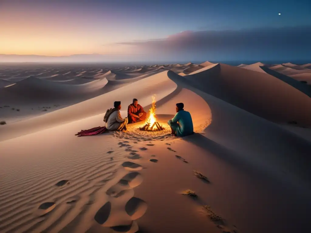 Una escena mística de tribus nómadas alrededor de una fogata en el desierto