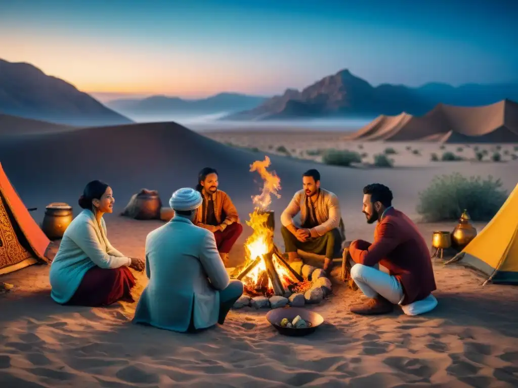 Una escena multicultural de sociedades nómadas compartiendo tradiciones alrededor del fuego en el desierto bajo un cielo estrellado