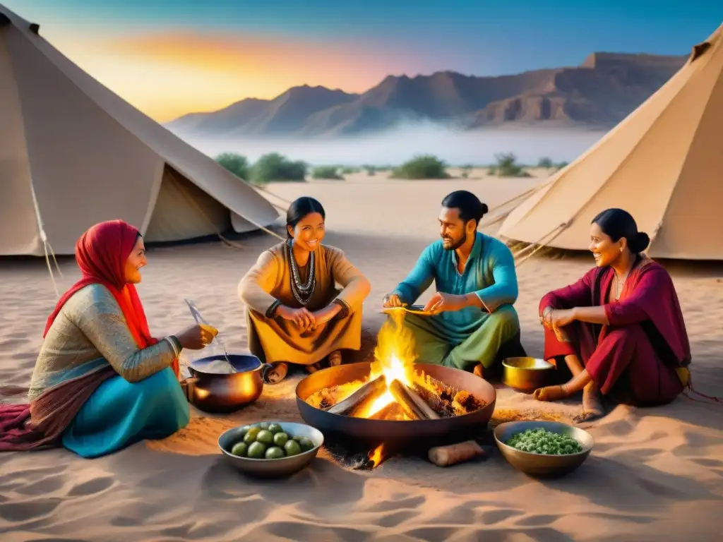 Una escena nocturna en el desierto: comidas nómadas junto a una fogata