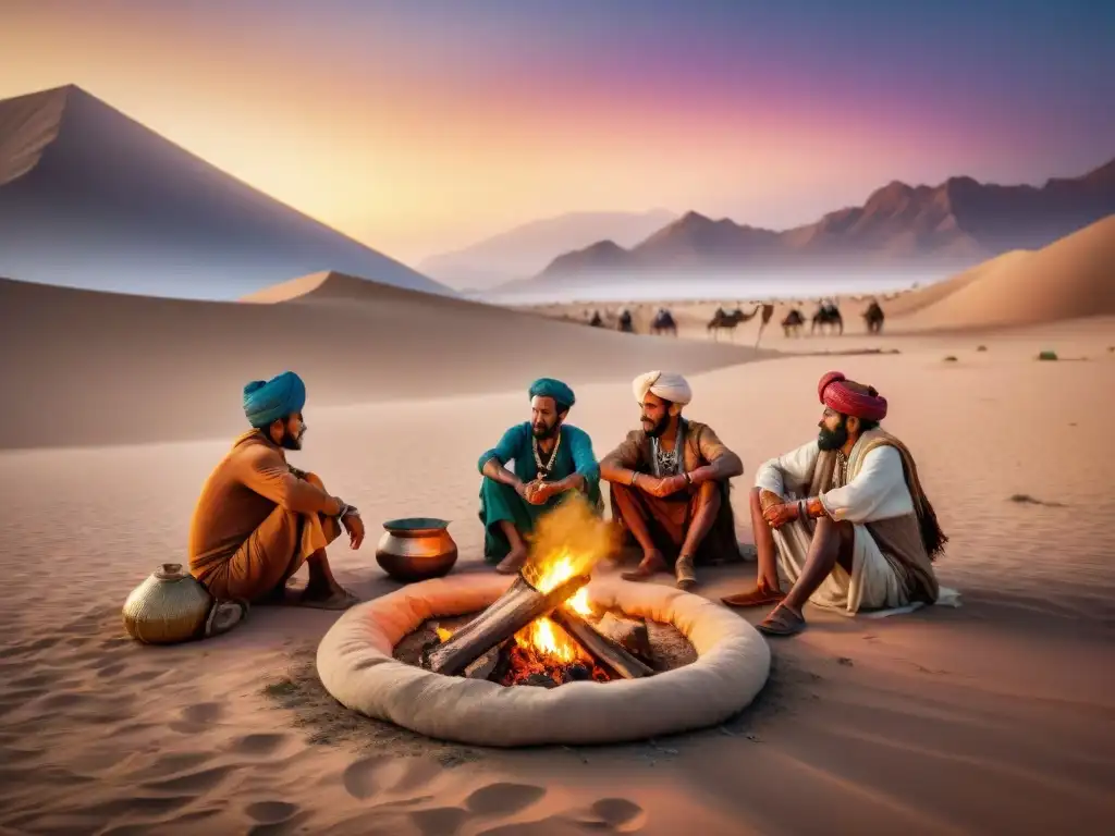 Una escena nocturna en el desierto con tribus nómadas alrededor de una fogata, comunicación entre tribus nómadas