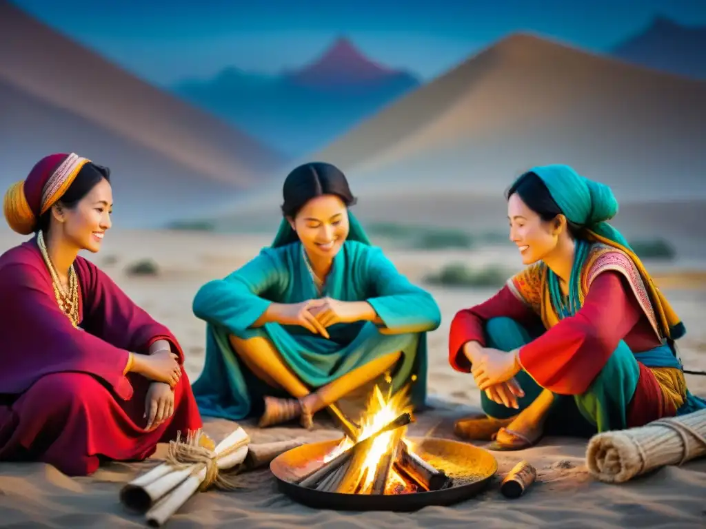 Escena nocturna de mujeres nómadas en la Ruta de la Seda, tejiendo, cocinando y tocando instrumentos bajo las estrellas