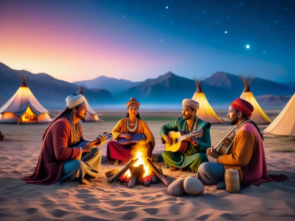 Escena nocturna de músicos nómadas tocando instrumentos tradicionales bajo un cielo estrellado, en las llanuras