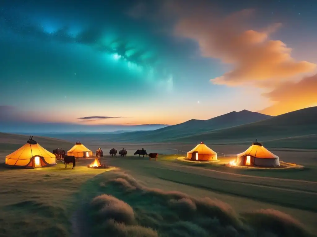 Una escena nocturna en las estepas: tribu nómada reunida alrededor de hogueras, en armonía con la naturaleza