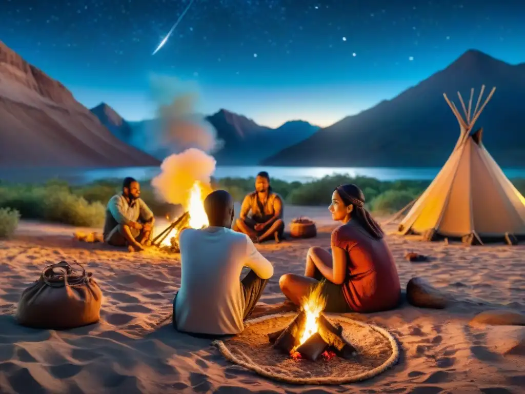Comunidad nómada: crianza y relatos alrededor del fuego Escena nocturna de tribu nómada alrededor del fuego, con niños jugando y adultos practicando modelos de parentalidad en tribus