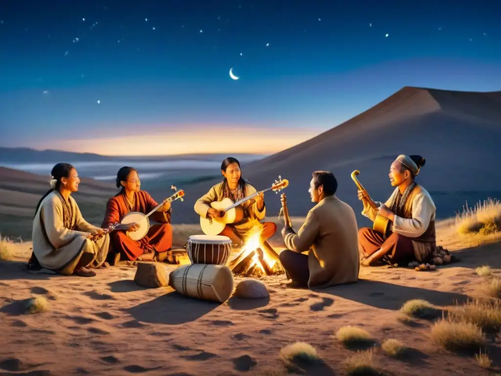 Escena nocturna de tribus nómadas tocando música tradicional alrededor de una fogata en las estepas abiertas