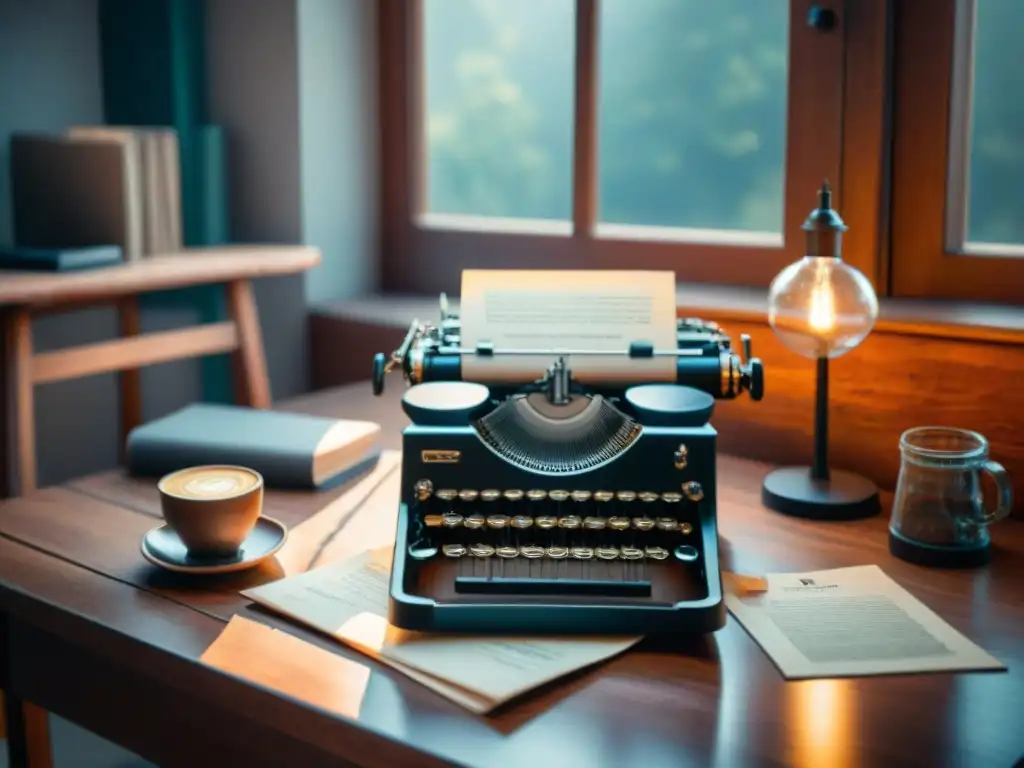 Escena nostálgica de una máquina de escribir vintage rodeada de papeles viejos, una taza de café y gafas en un escritorio de madera