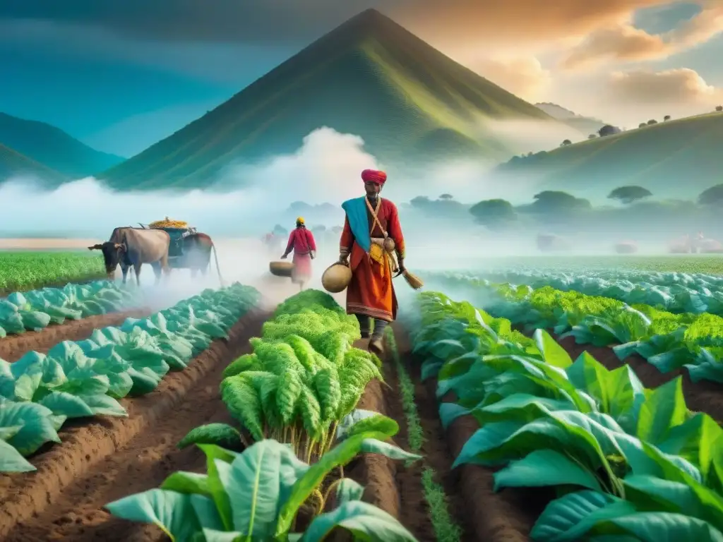 Una escena nostálgica y moderna de tribus nómadas practicando Prácticas agrícolas sustentables, bajo un cielo nublado