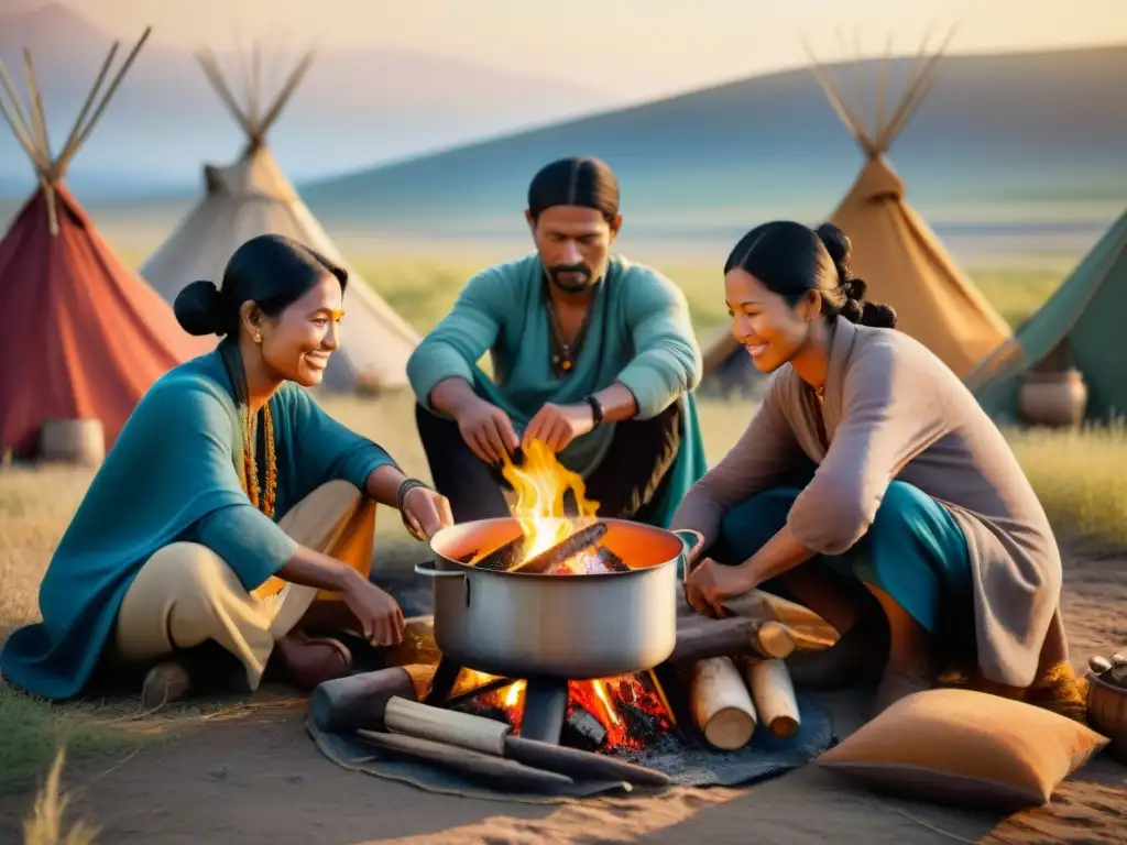 Una escena nostálgica de gastronomía nómada en las estepas, con personas de diversas etnias compartiendo sabores alrededor de una fogata al atardecer