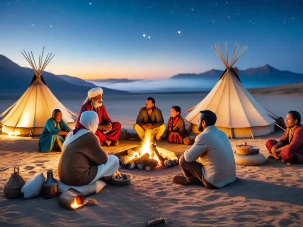 Una escena nostálgica de una tribu nómada reunida alrededor de una fogata bajo un cielo estrellado