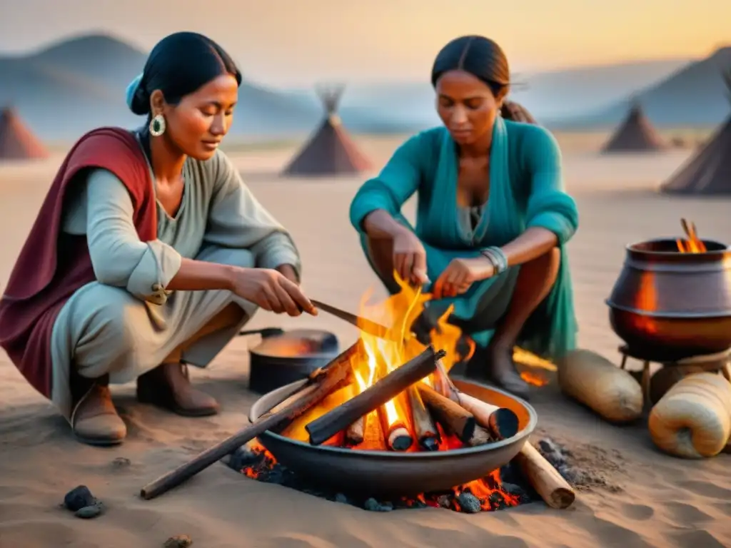 Una escena nostálgica de tribus nómadas cocinando con distintas técnicas alrededor de una hoguera en el desierto al atardecer