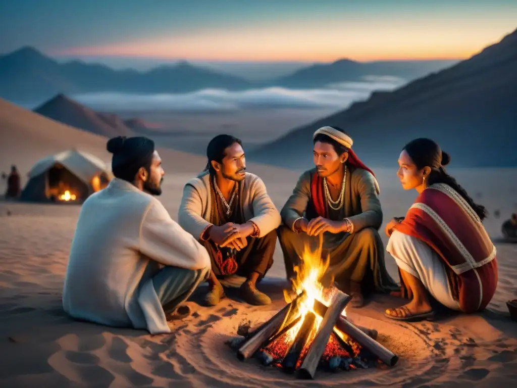 Escena nostálgica de tribus nómadas preservando su cultura alrededor de fogata en desierto estrellado