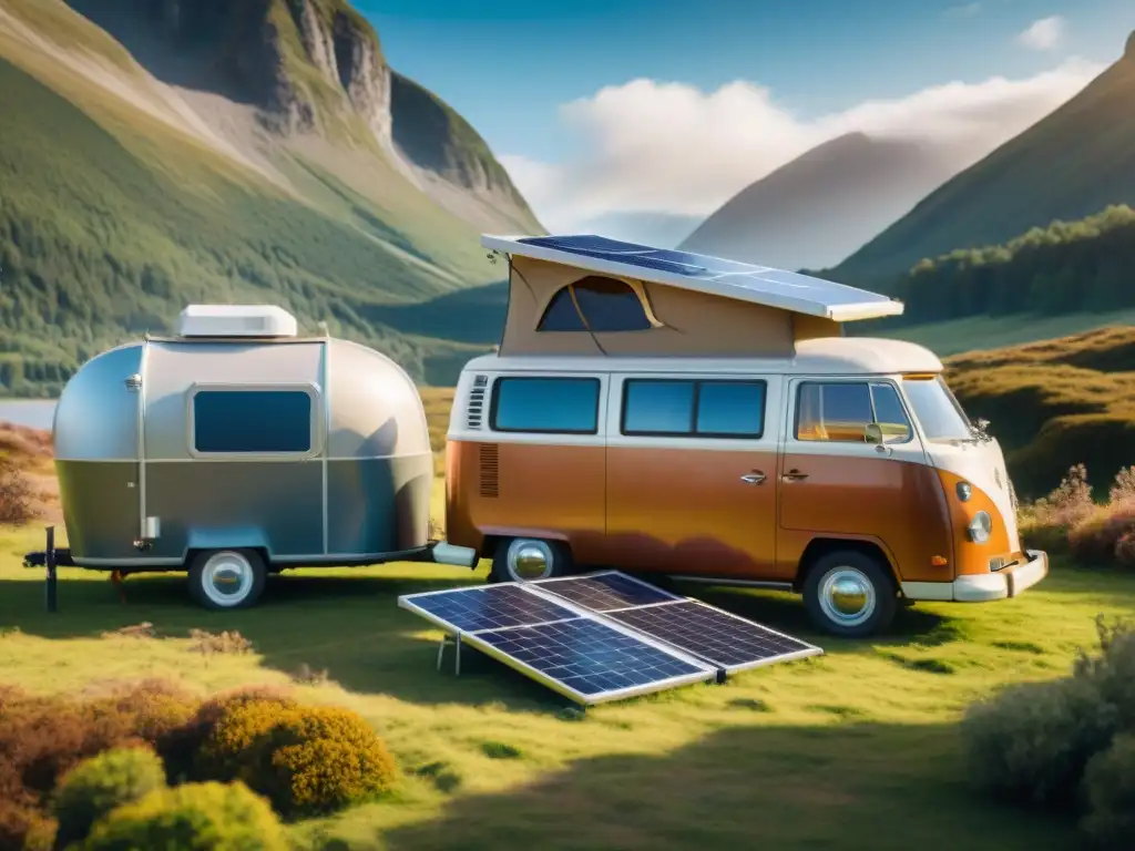 Escena nostálgica de vida nómada moderna con panel solar portátil vintage y camper retro en entorno natural