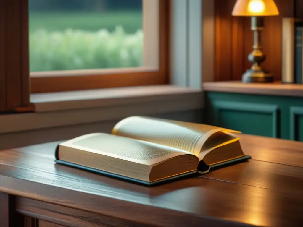 Una escena de quietud y sabiduría: un libro vintage desgastado sobre una mesa de madera, bañado en luz natural