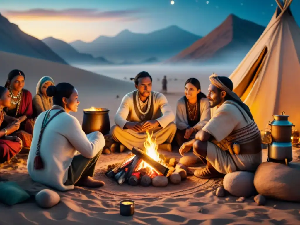 Escena de tribu nómada compartiendo comida bajo las estrellas en el desierto, transmitiendo sabiduría ancestral