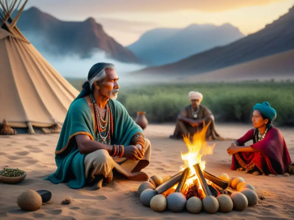 Escena de tribu nómada en desierto, resaltando importancia plantas en cultura nómada