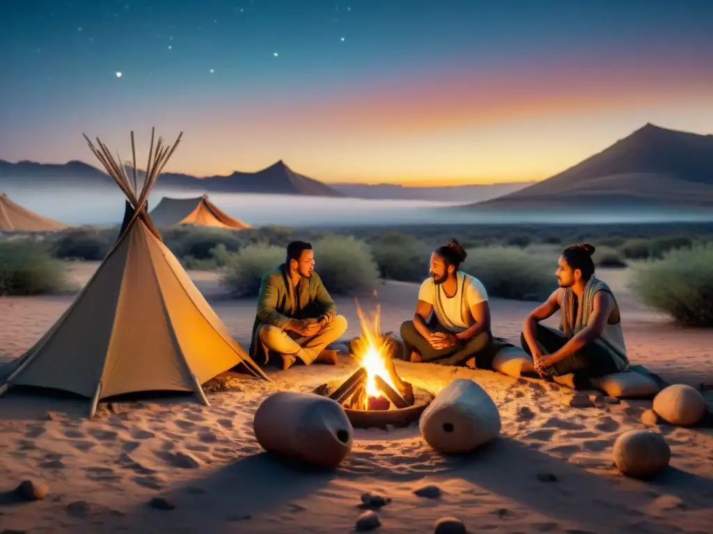 Escena de tribu nómada: niños aprenden tradiciones mientras otros estudian; fogata bajo cielo estrellado