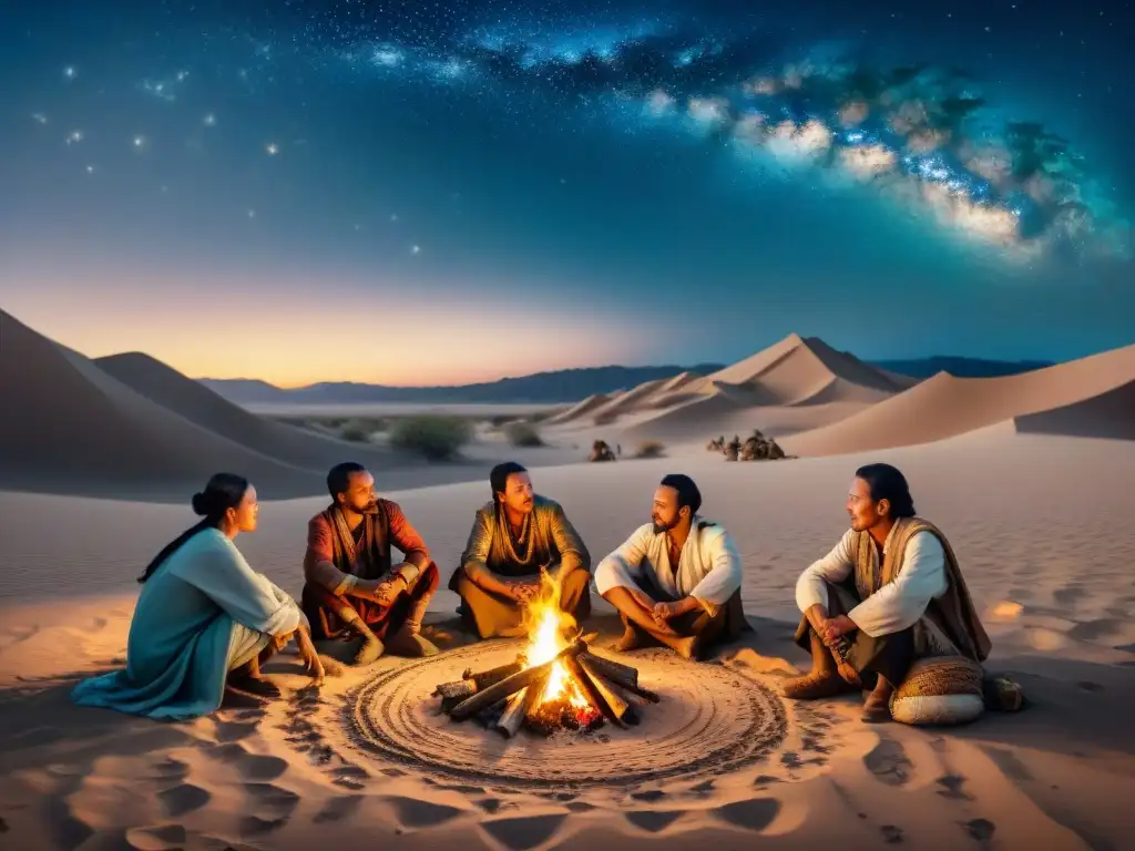 Reunión tribal bajo las estrellas: alianzas y estrategias en el desierto Una escena de tribus nómadas discutiendo Estrategias de alianzas tribales nómadas bajo un cielo estrellado en el desierto