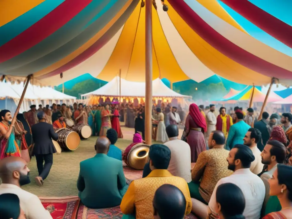 Escena vibrante de festival cultural nómada contemporáneo con música tradicional y moda moderna