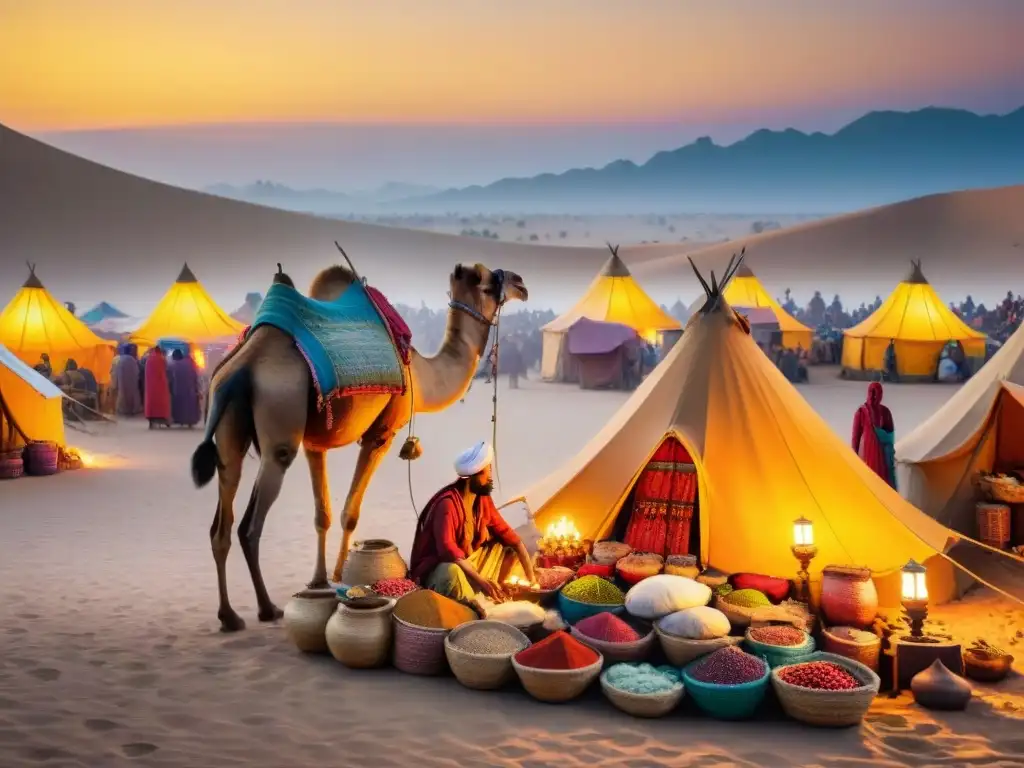 Escena vibrante de interacciones comerciales culturales entre tribus nómadas en un bullicioso mercado en el desierto al atardecer