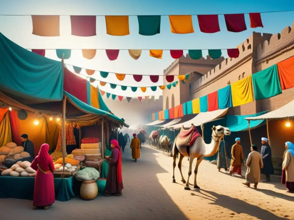 Escena vibrante de mercado en la Ruta de la Seda, con expresiones artísticas nómadas y coloridas telas intercambiadas bajo sedas