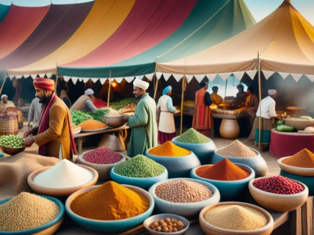 Escena vibrante de mercado con tribus nómadas intercambiando ingredientes