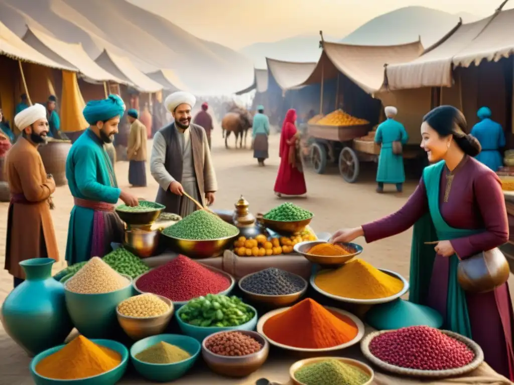 Escena vibrante de sabores nómadas en la Ruta de la Seda: intercambio de bienes y tradiciones culinarias entre comerciantes ambulantes