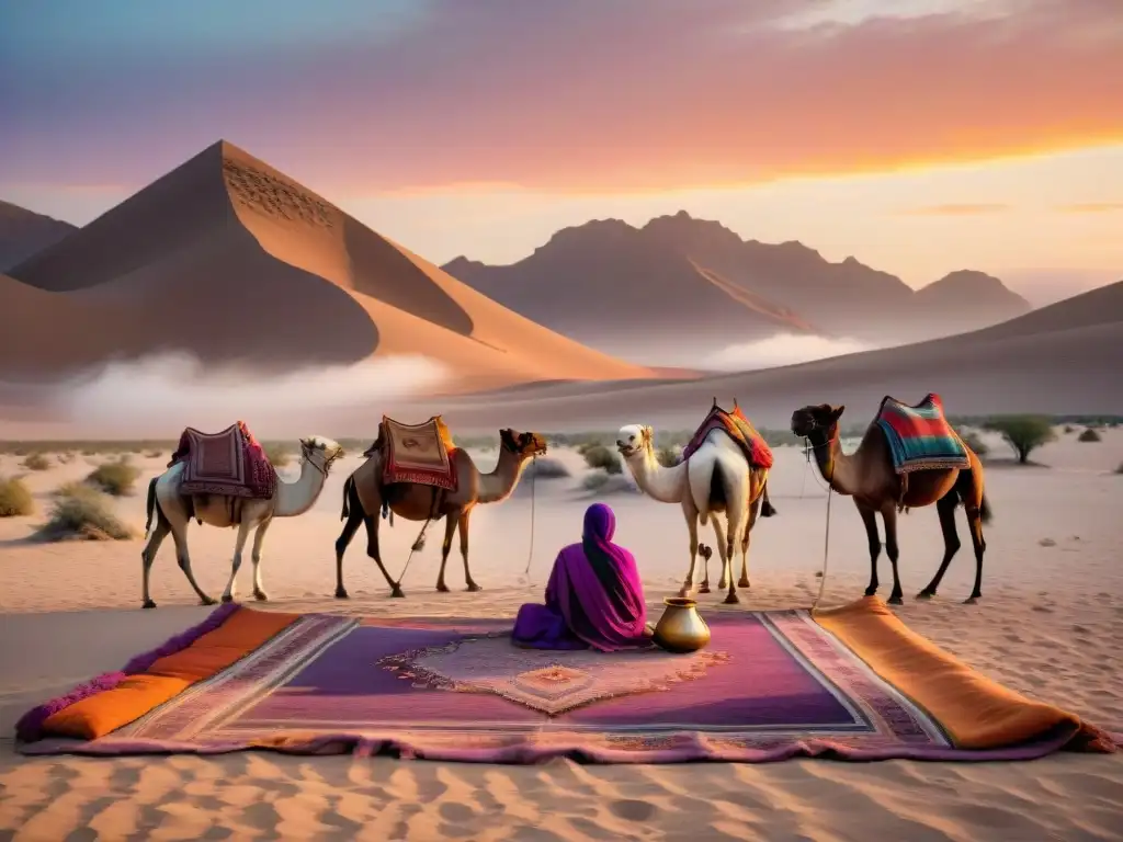 Escena de vida nómada: Historia y cultura capturada en un desierto al atardecer con tribu preparando sus tiendas y actividades tradicionales