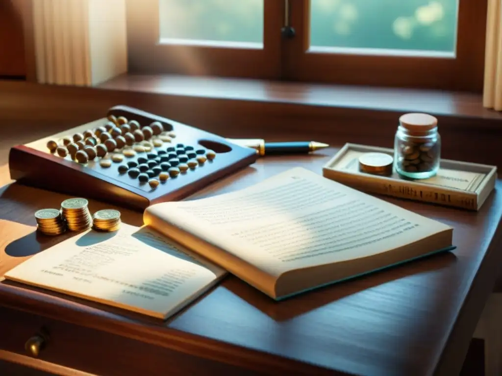 Una escena vintage de una antigua mesa de madera con libros de contabilidad, un ábaco, una pluma, monedas antiguas y una ventana iluminada