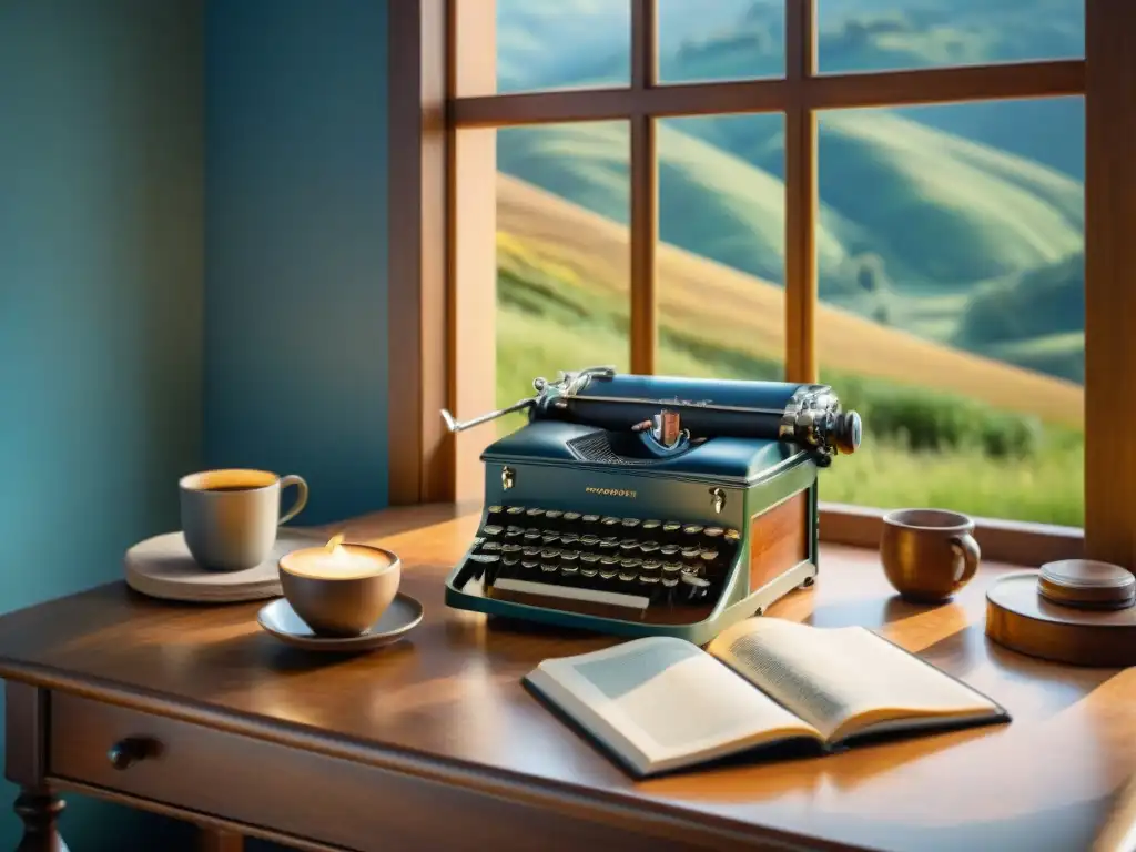 Un escenario sereno y atemporal en una antigua mesa de madera, con una máquina de escribir, un diario y una taza de café, ideal para blogueros nómadas