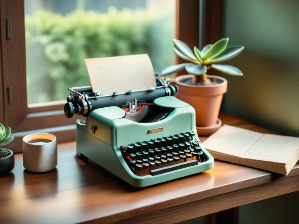 Escritorio vintage con máquina de escribir, café, plantas y papeles