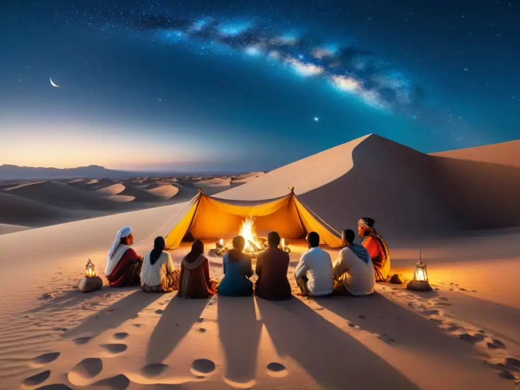 Escritura ancestral de tribu nómada en desierto, bajo cielo estrellado