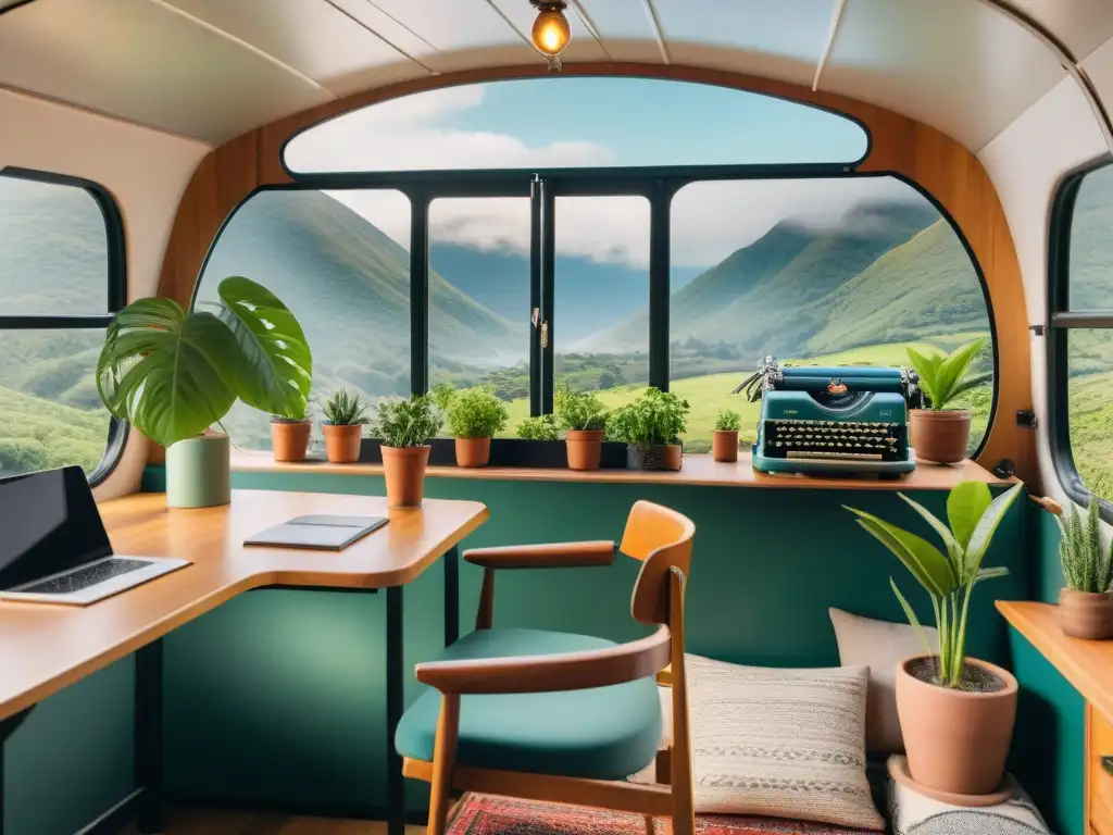 Un espacio de coworking para nómadas en un entorno natural sereno, dentro de una caravana vintage restaurada con encanto