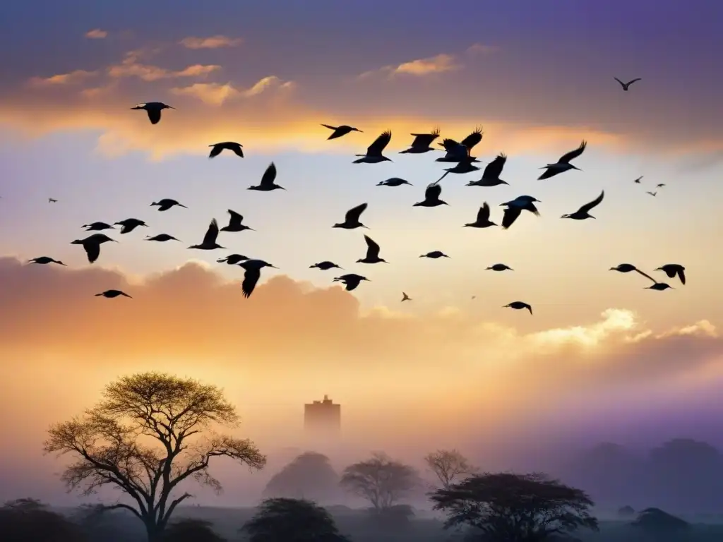 Un espectáculo majestuoso de migraciones de aves nómadas en un atardecer vibrante