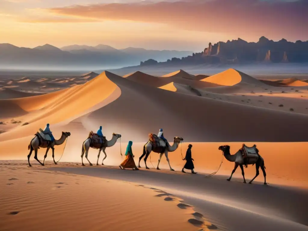 Conexión espiritual con tribus nómadas: atardecer en el desierto con campamento y camellos bajo un cielo vibrante