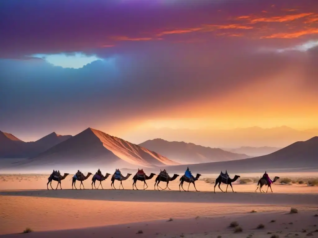 Conexión espiritual con tribus nómadas en el desierto al atardecer, bajo un cielo de tonos cálidos y sombras alargadas de camellos