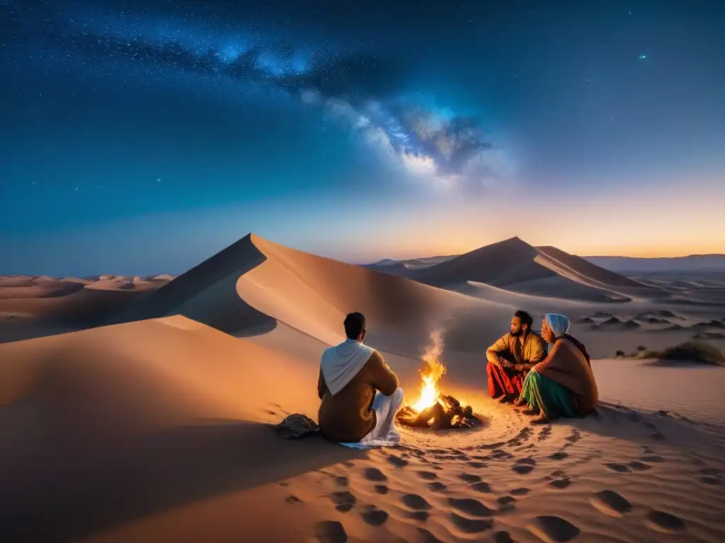 Conexión espiritual con tribus nómadas alrededor de la fogata bajo un cielo estrellado en el desierto