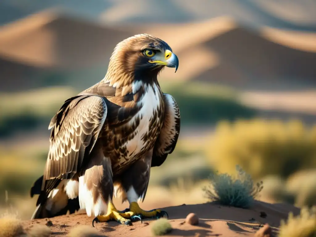 Un águila esteparia camuflada en su hábitat, con plumaje marrón y beige, destaca por su camuflaje en fauna esteparia