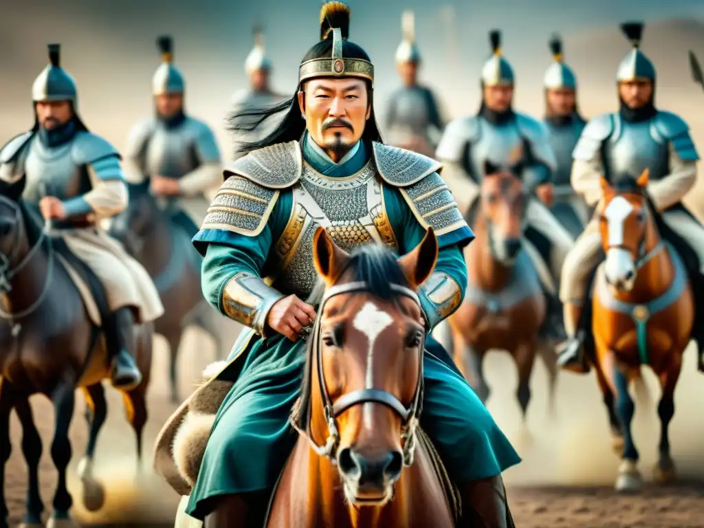 Estrategias de Khan en batallas: ilustración vintage detalla a Genghis Khan liderando su ejército con leyenda y determinación