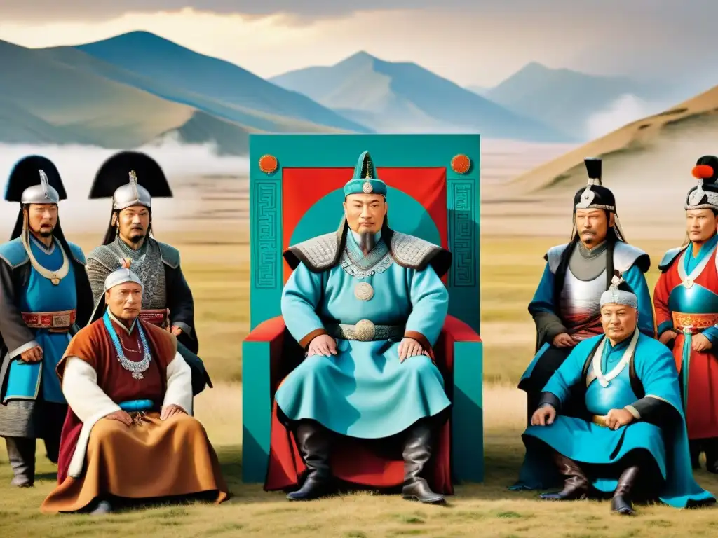 Estrategias de gobernanza en el Imperio Mongol: Genghis Khan y su círculo de confianza en un consejo estratégico en su majestuoso trono