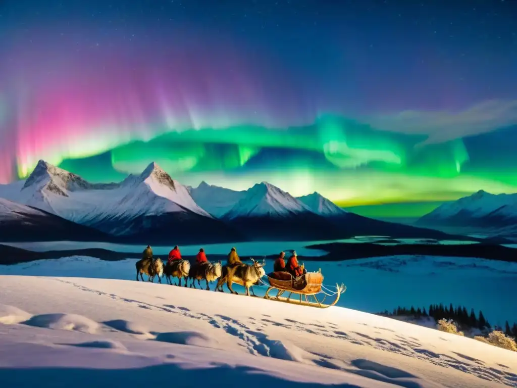 Estrategias nómadas en invierno frío extremo: nomadas en paisaje nevado, liderados por un sabio en trineo de reno